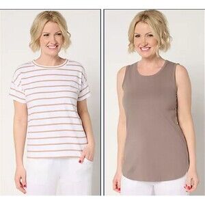 AnyBody Essentials 2-Pc Cotton Striped T-Shirt & Tank Sz XS Toffee/Smokey Taupe